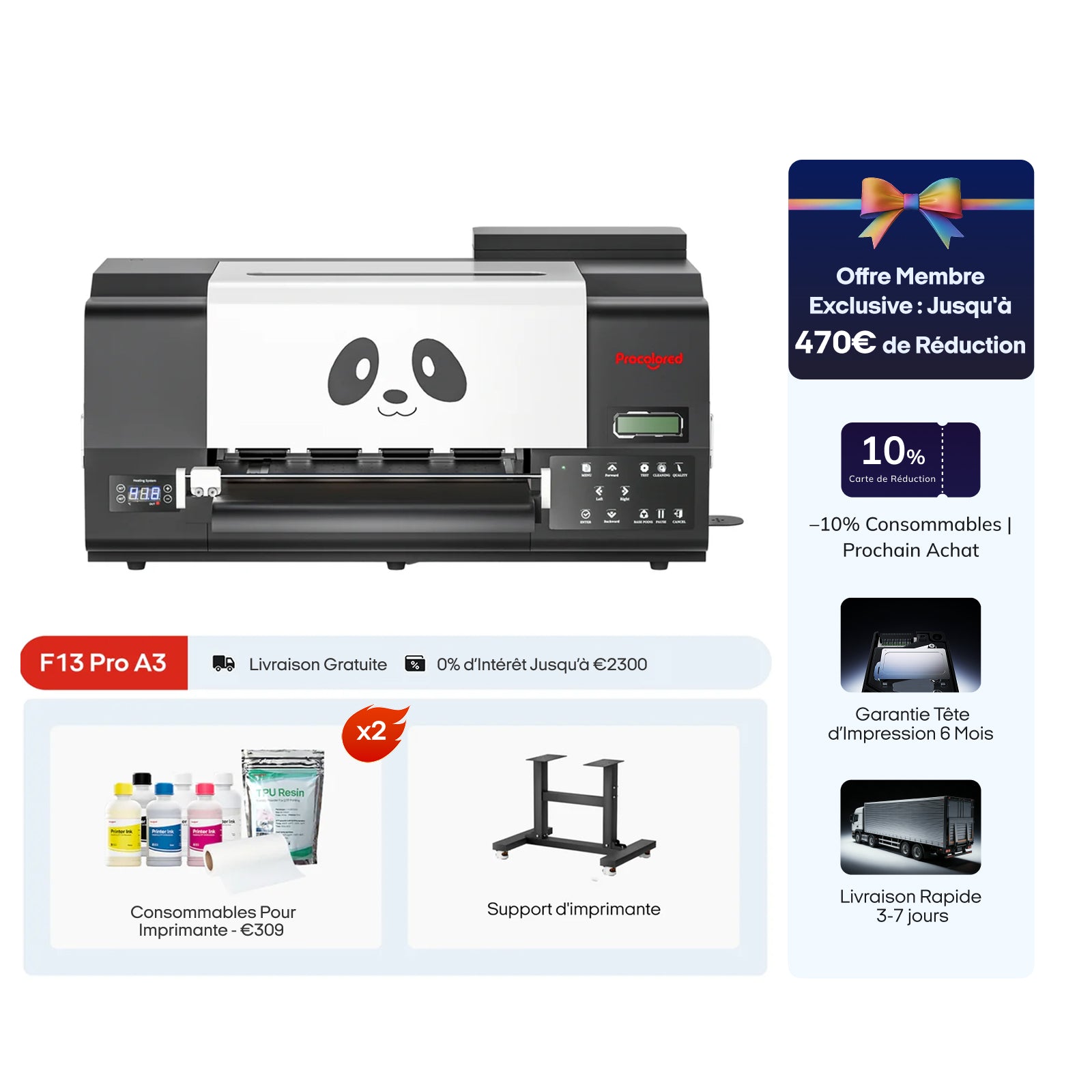 Imprimante DTF Procolored F13 Pro Panda 13" A3 Dual XP600 & Support