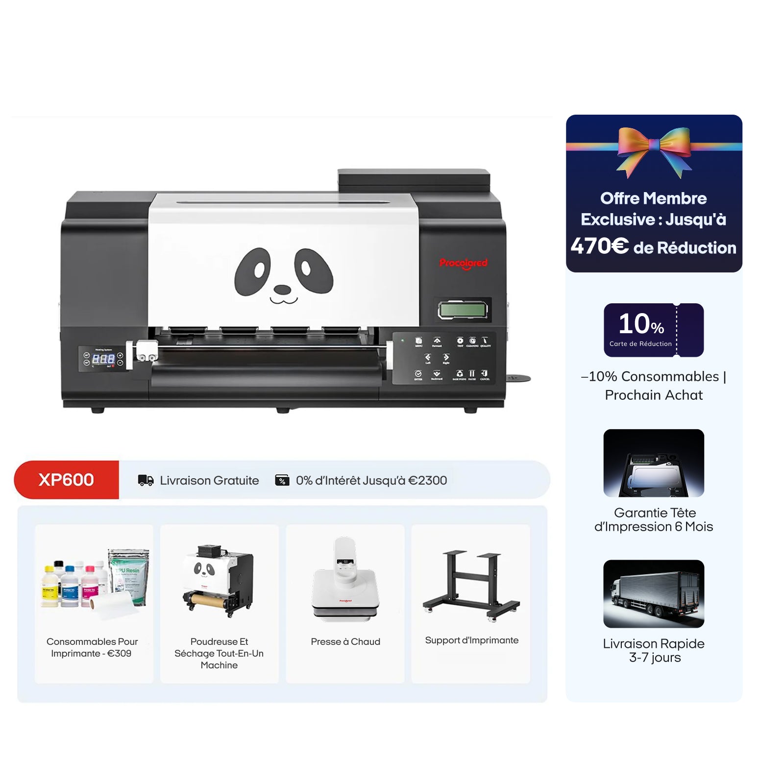 Imprimante DTF Procolored F13 Pro Panda 13" A3 Dual XP600 & Support & Pack Ultime