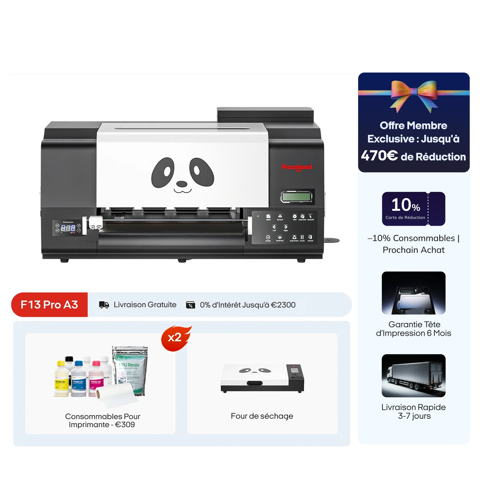 Imprimante DTF Procolored F13 Pro Panda 13" A3 Dual XP600 & Four