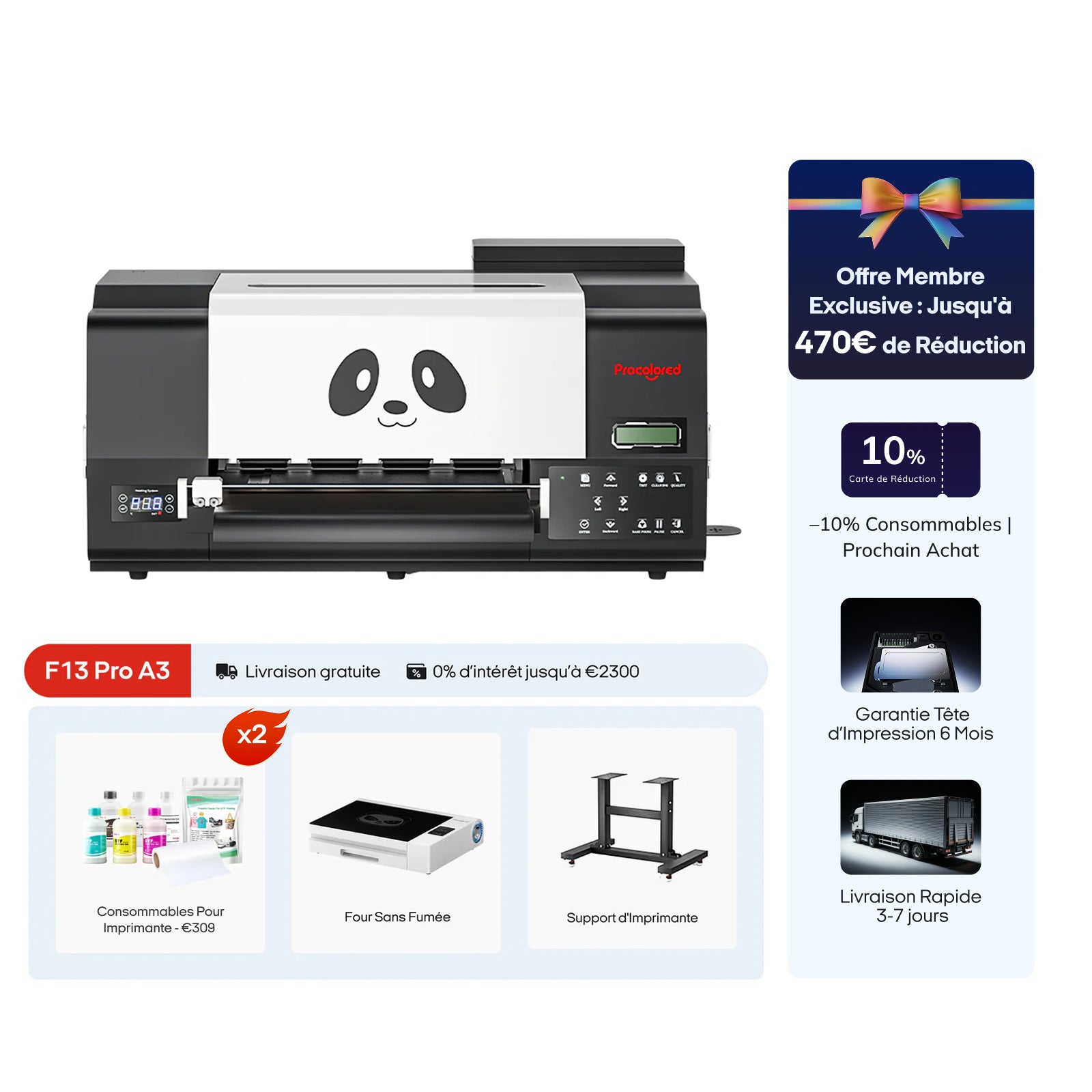 Imprimante Procolored F13 Pro Panda DTF 13 pouces A3 Double XP600 & Support & Four Premium