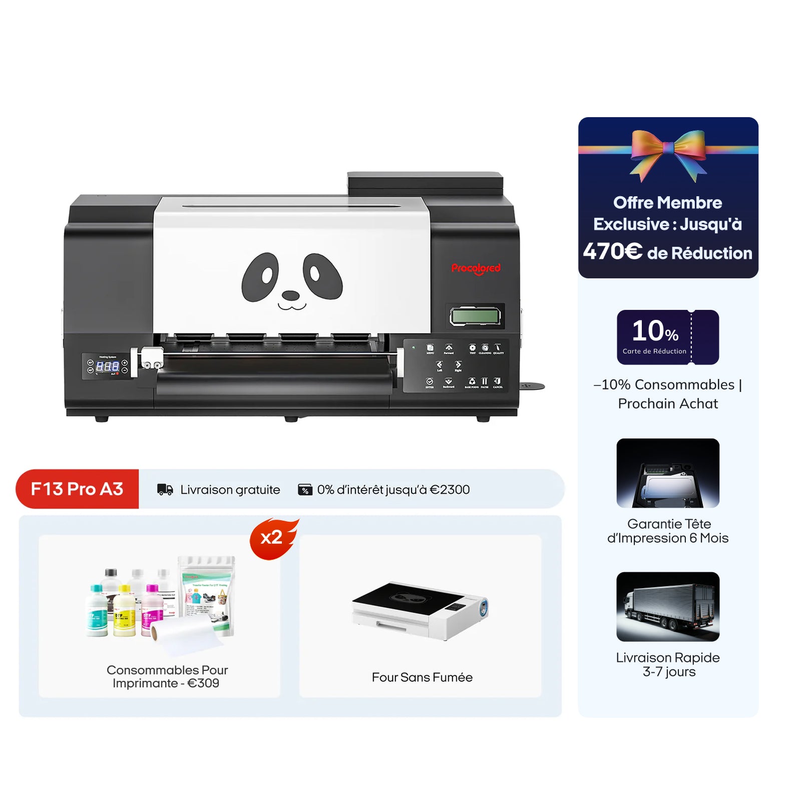Imprimante DTF Procolored F13 Pro Panda 13" A3 Dual XP600 & Four Premium