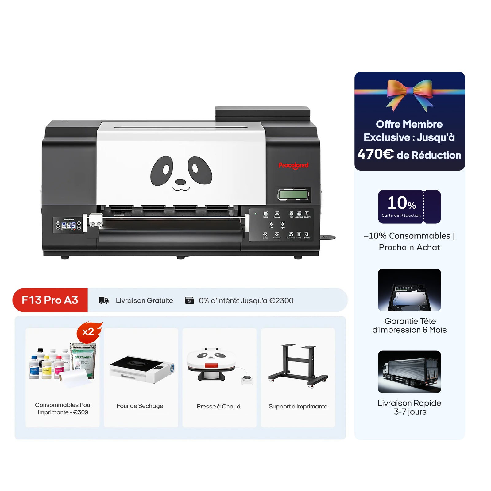 Imprimante Procolored F13 Pro Panda DTF 13 pouces A3 Double XP600 & Support & Ensemble complet Premium