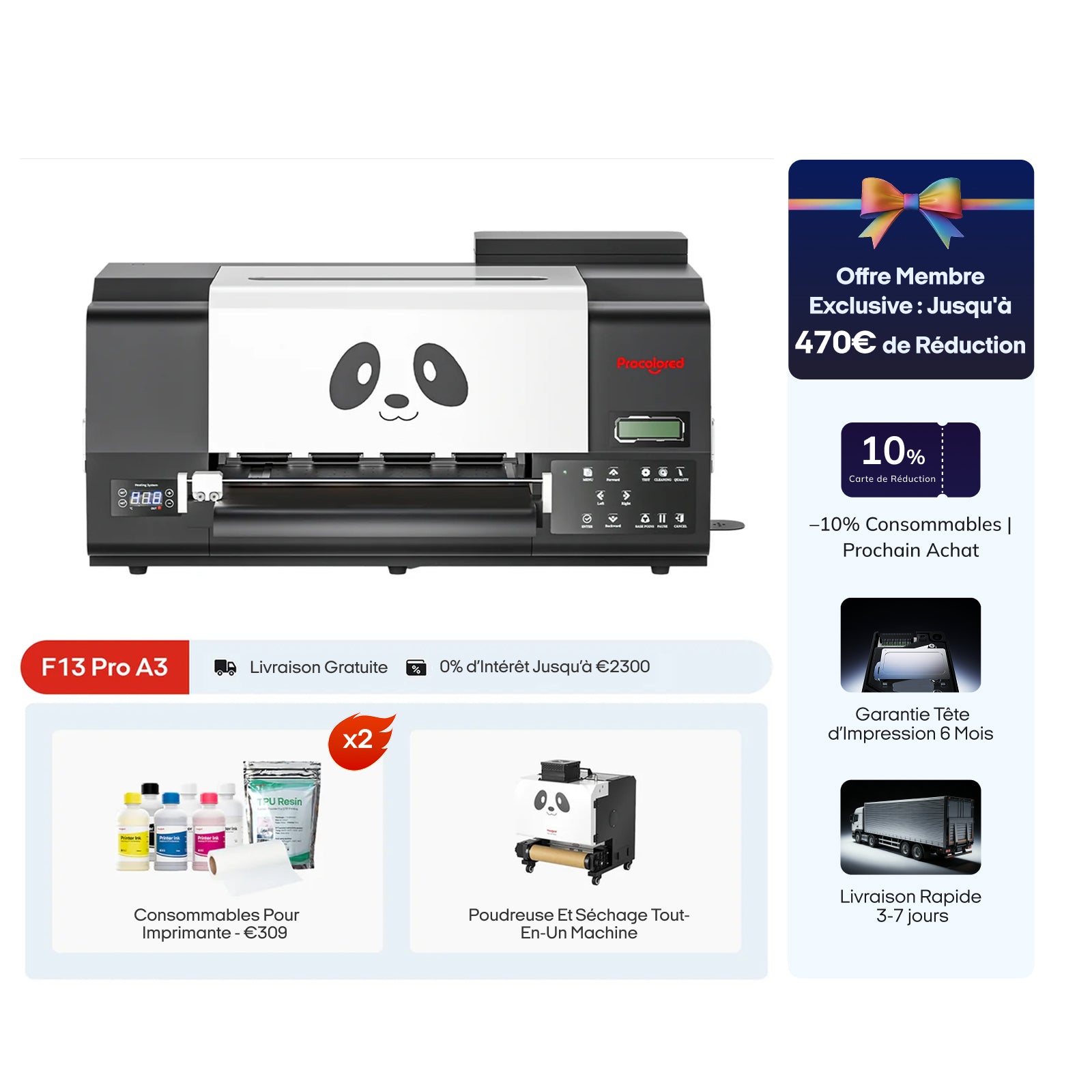 Imprimante DTF Procolored F13 Pro Panda 13" A3 Dual XP600 & Pack avec poudreuse