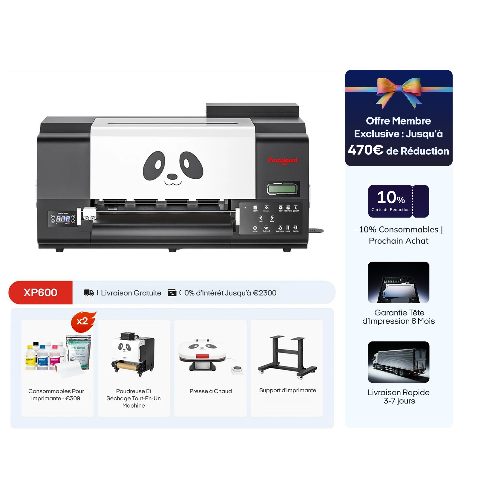 Imprimante DTF Procolored F13 Pro Panda 13" A3 Dual XP600 & Support & Pack Ultime