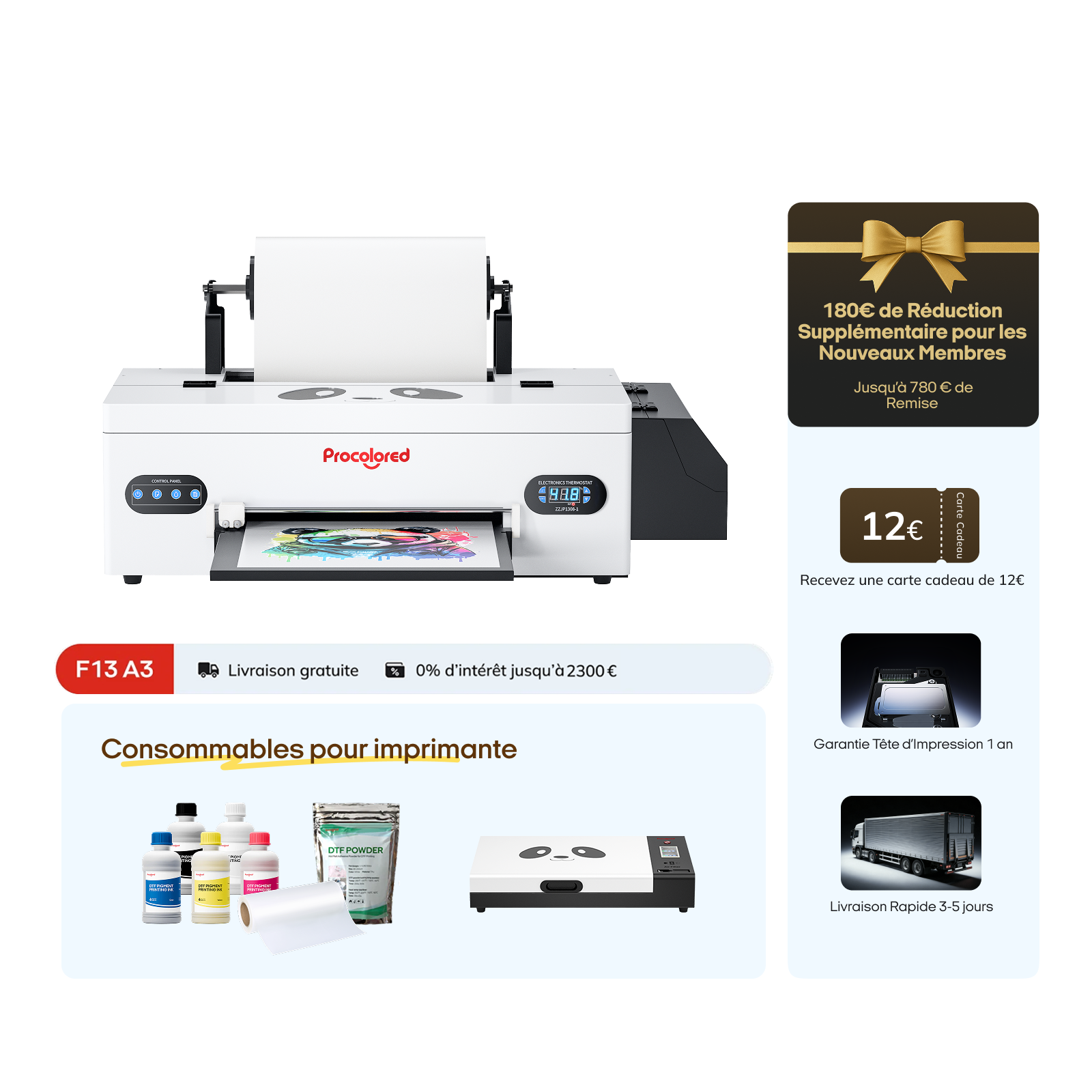 Imprimante DTF Procolored F13 Panda 13" A3 L1800 & Four