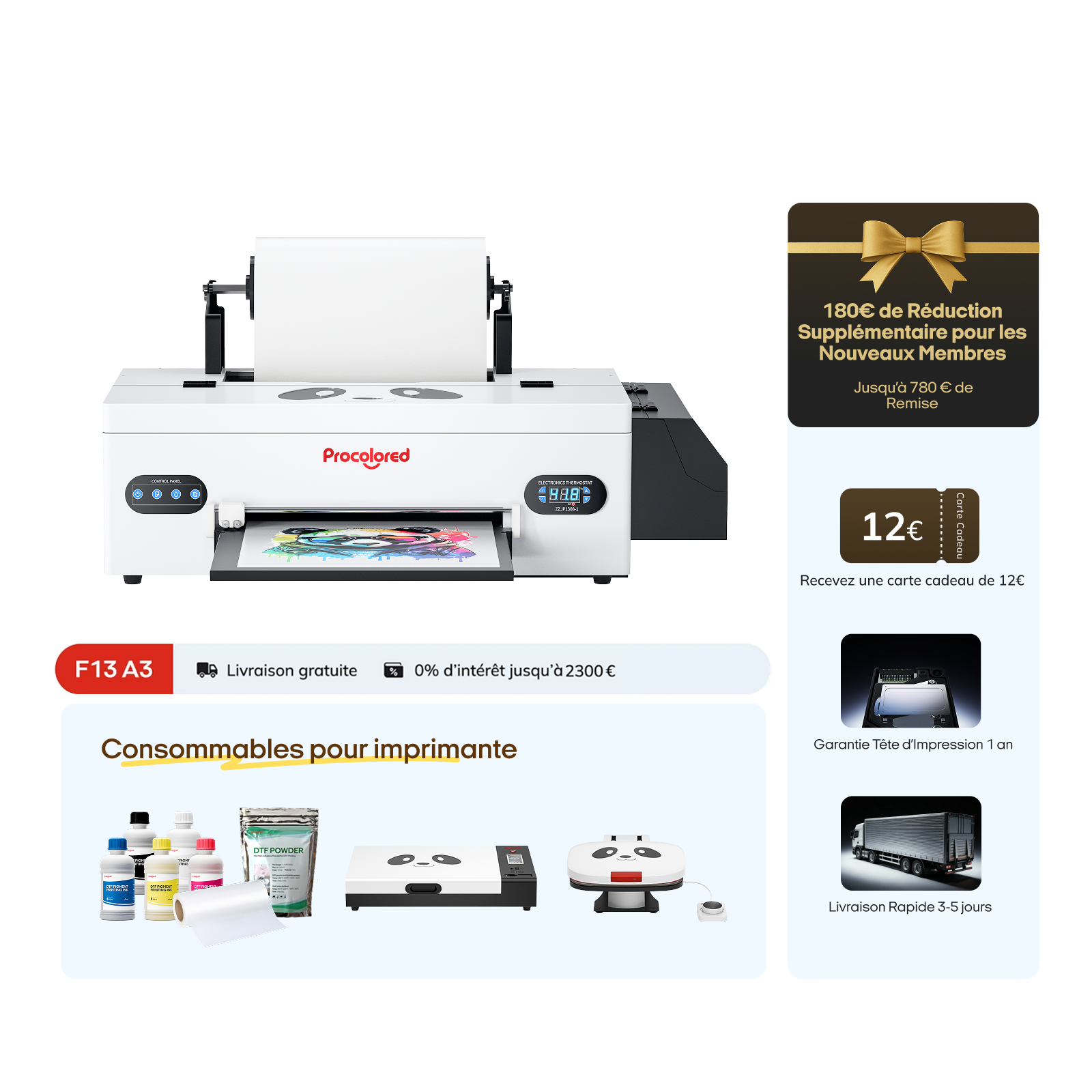 Imprimante DTF Procolored F13 Panda 13" A3 L1800 & Ensemble complet