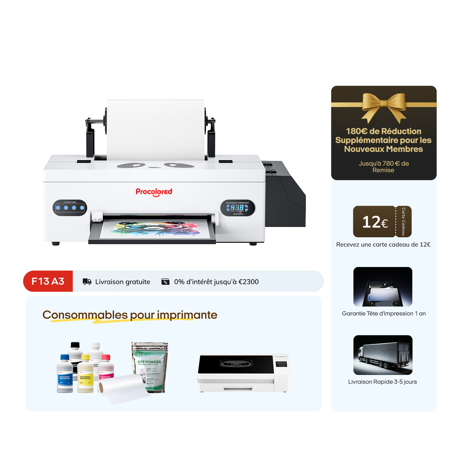 Imprimante DTF Procolored F13 Panda 13" A3 L1800 & Four Premium