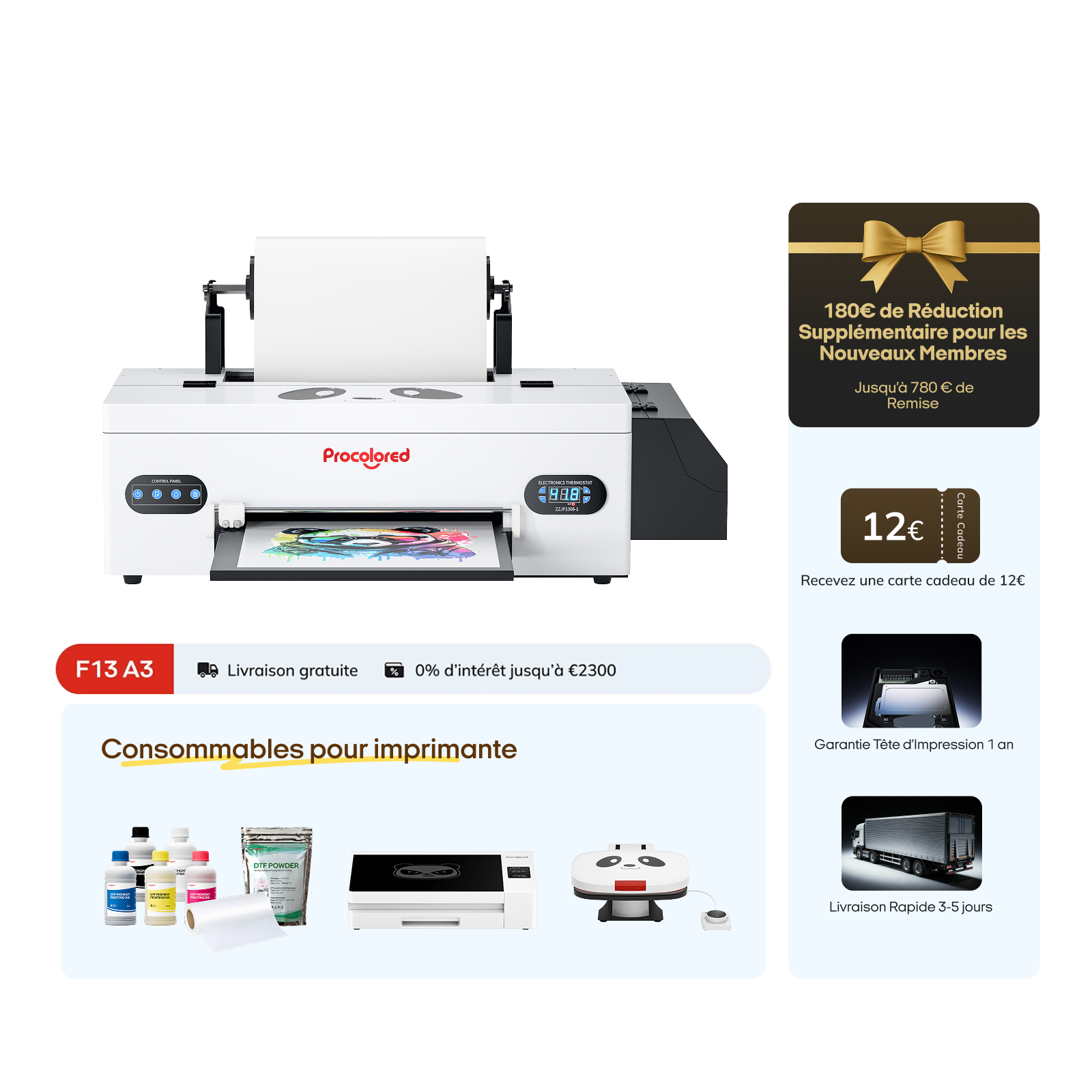 Imprimante DTF Procolored F13 Panda 13" A3 L1800 & Ensemble Complet Premium